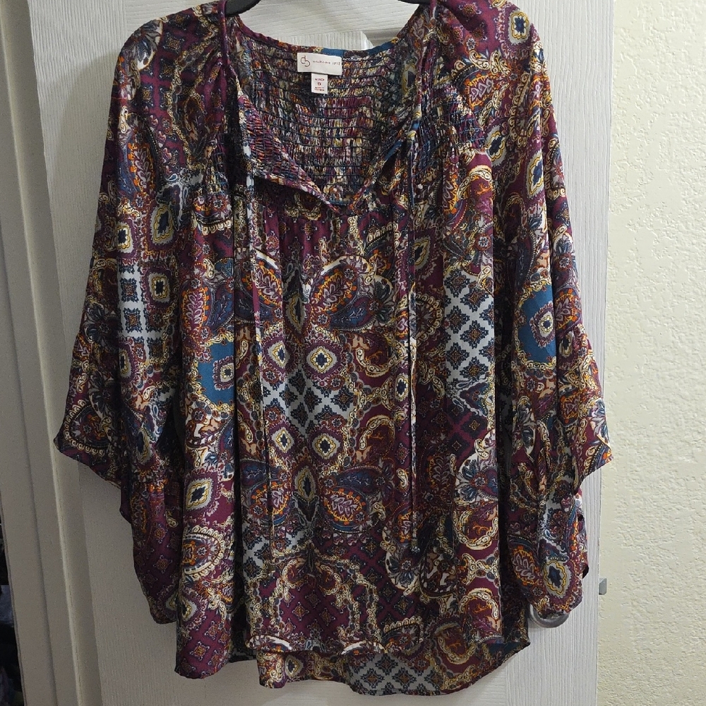 Dress Barn Blue and Purple 3/4 Sleeve Tie Front Blouse Size 1X